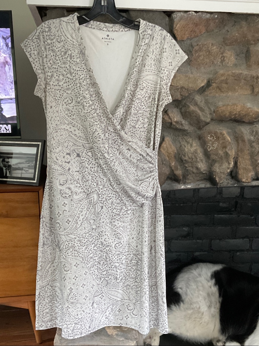 Athleta White and Gray Paisley Wrap-Style Midi Dress